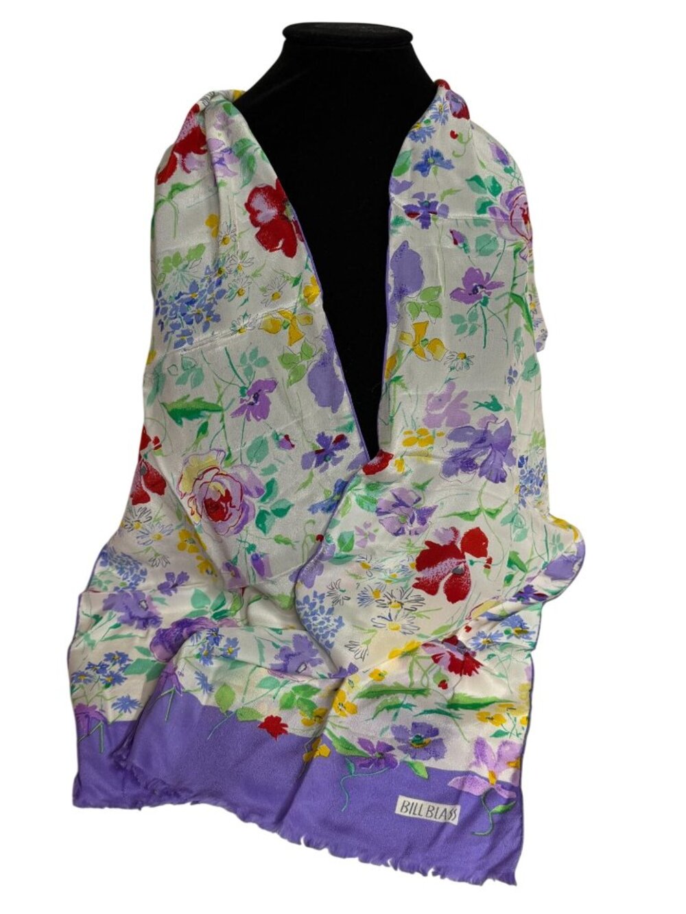 Vintage BILL BLASS Rectangular Silk Scarf Purple Flowers Spring Design Hand Roll